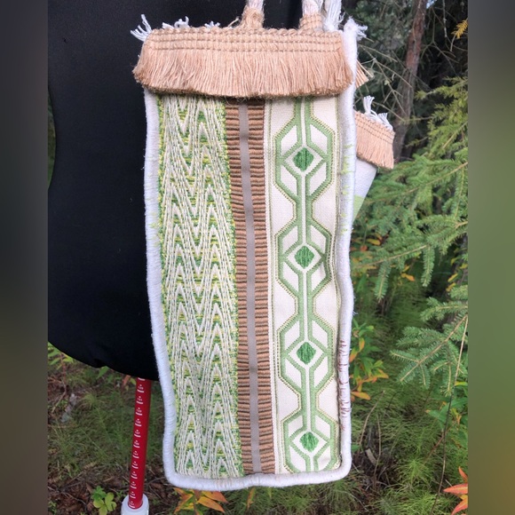 Brown Green Cream Stripe Recycled Carpet Tote Bag Purse Gold Lining Tapestry - Picture 7 of 10